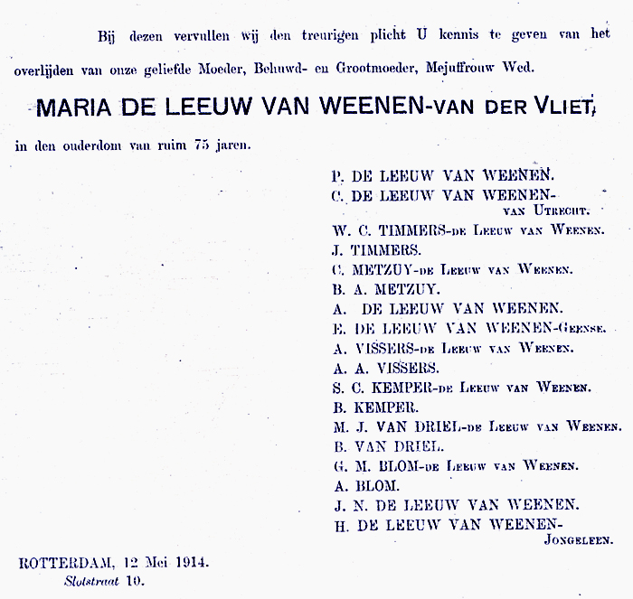 Overlijdensadvertentie Maria van der Vliet. Uit het familiearchief van Cornelis*1931